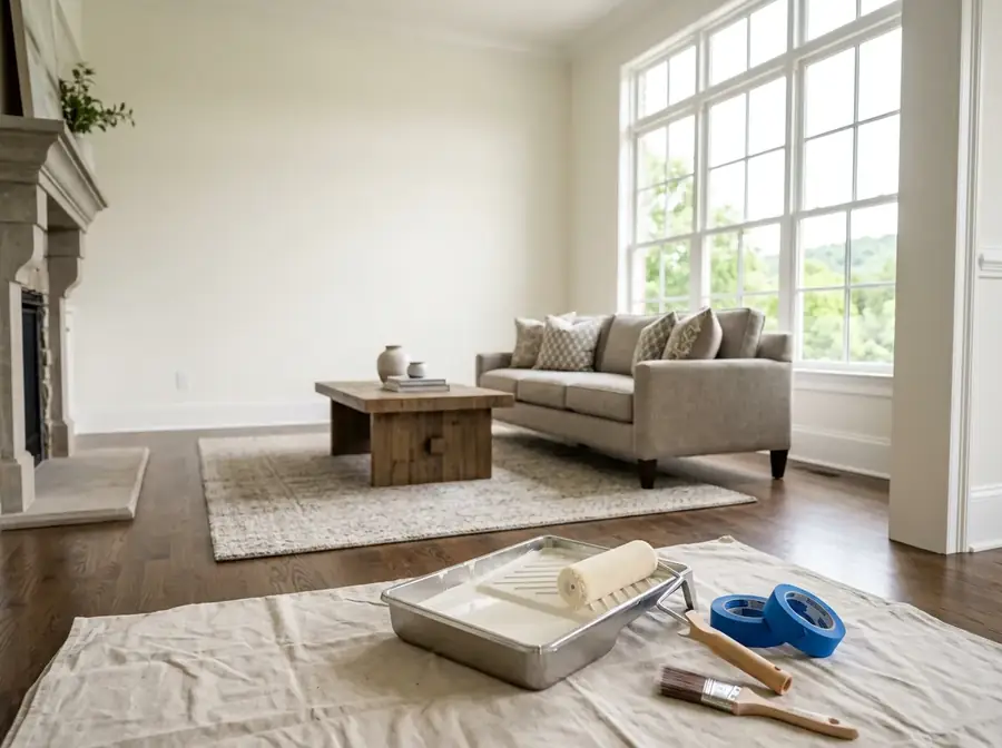 Luxury Tennessee living room with freshly painted warm-white walls and roller tray setup