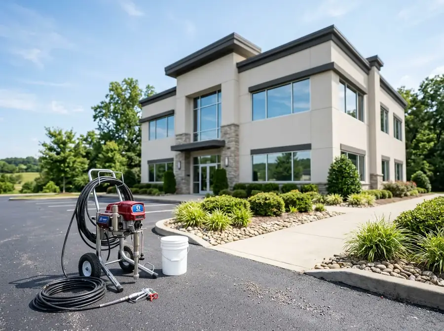 Modern commercial building exterior with freshly painted facade and airless sprayer