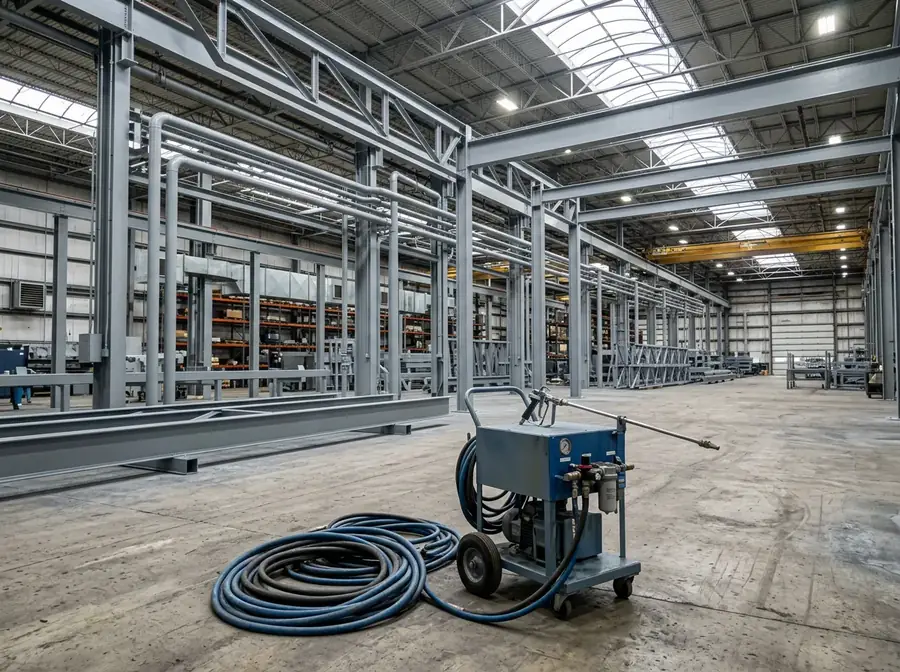 Industrial warehouse with freshly coated steel surfaces and spray equipment