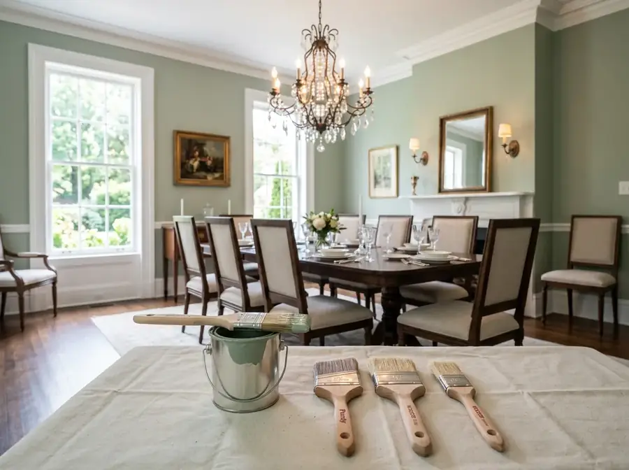High-end dining room with freshly painted walls and professional brush set on drop cloth