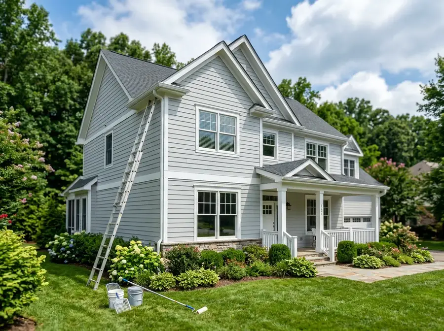 Tennessee home exterior with freshly painted siding, ladder, and paint buckets