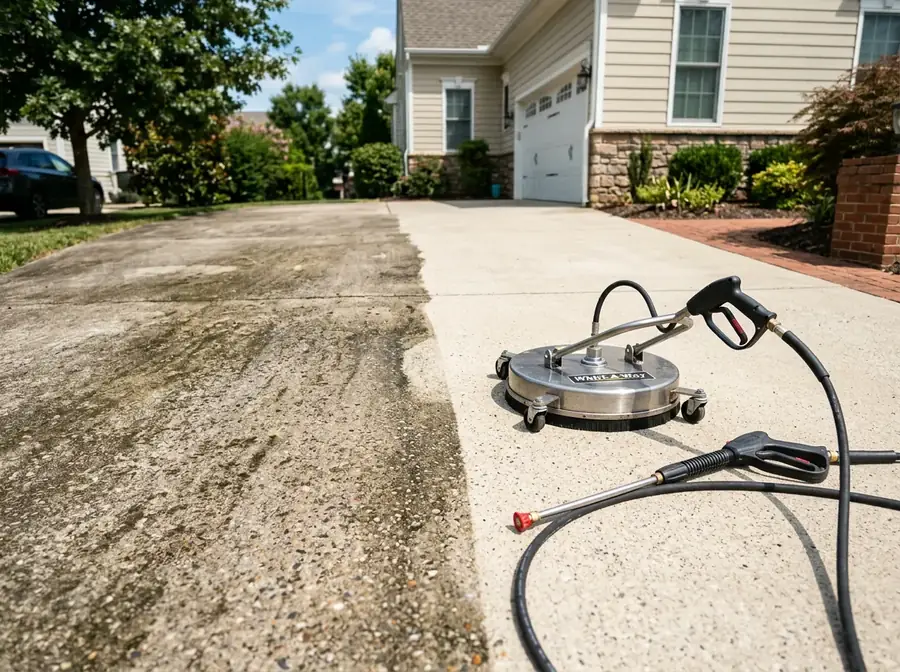Freshly pressure-washed driveway with surface cleaner attachment and wand