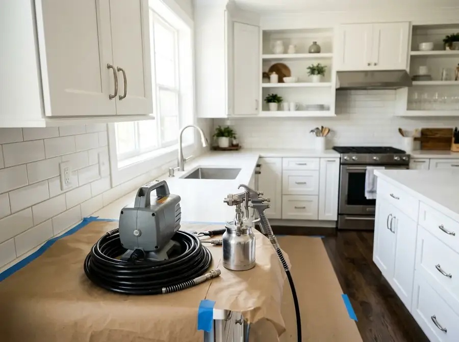Luxury white kitchen with refinished cabinets and HVLP spray finishing
