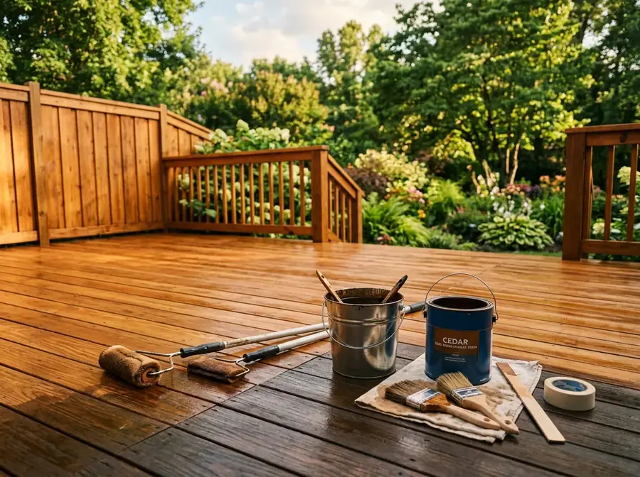 Freshly stained cedar deck and fence with staining pads and buckets