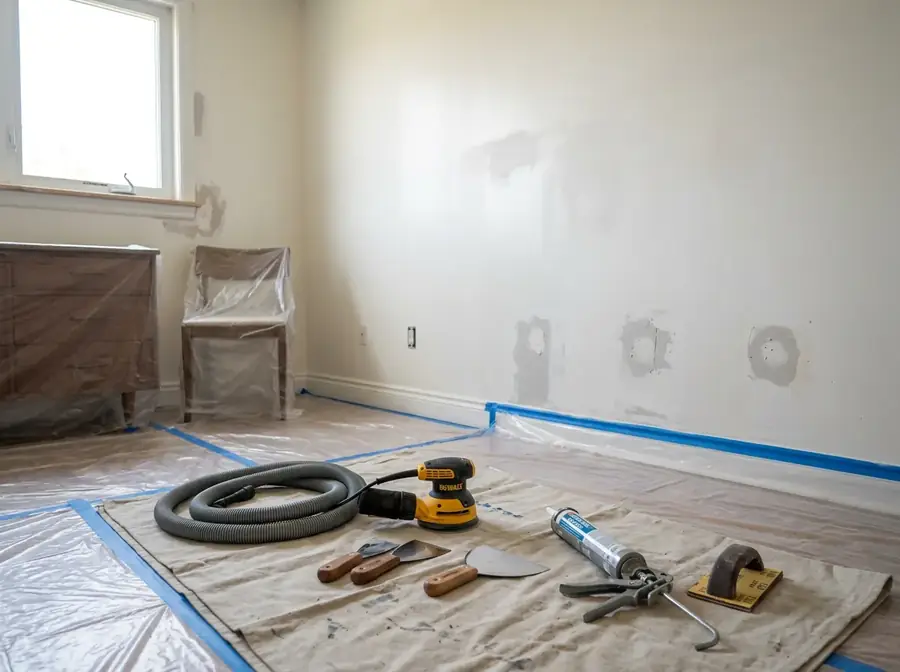 Residential room prepped for painting with sander, drywall tools, and caulking