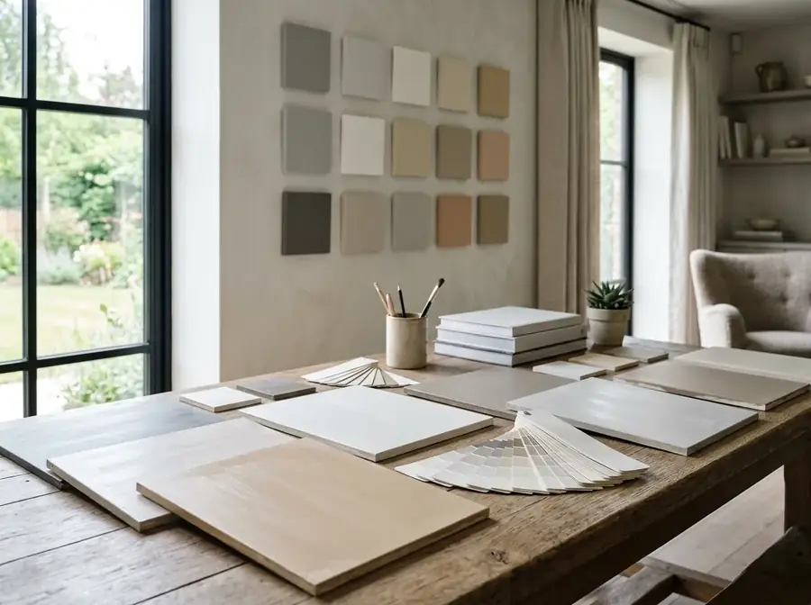 Designer workspace with paint color boards and sample panels